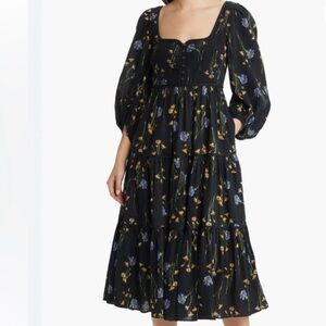 Madewell Xiomara Black Floral print long sleeve Midi Dress